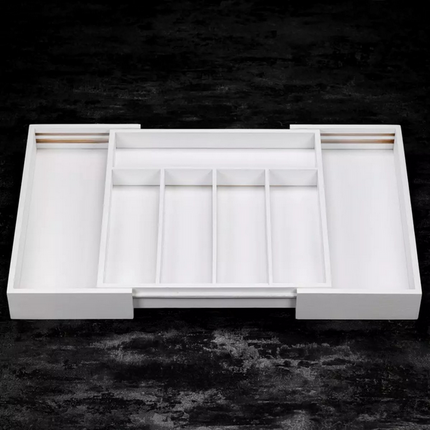 Kinghoff Bambus-Schubladen-Organizer Weiß - Ausziehbar (31-52 cm) - 7 Aufbewahrungsfächer - Besteckschubladen-Organizer - Natürlicher Bambus - Besteckkasten-Organizer