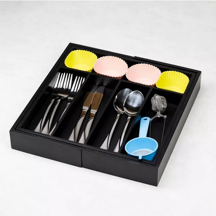 Bambus-Schubladen-Organizer - Ausziehbares Aufbewahrungssystem für Besteck & Küchenutensilien - 7 Fächer - Schwarz - 31-52 x 31,5 x 5 cm