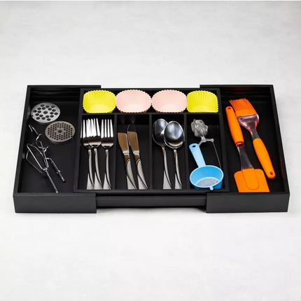 Bambus-Schubladen-Organizer - Ausziehbares Aufbewahrungssystem für Besteck & Küchenutensilien - 7 Fächer - Schwarz - 31-52 x 31,5 x 5 cm