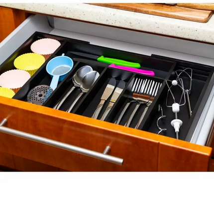 Bambus-Schubladen-Organizer - Ausziehbares Aufbewahrungssystem für Besteck & Küchenutensilien - 7 Fächer - Schwarz - 31-52 x 31,5 x 5 cm