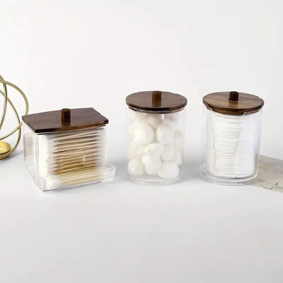 Set van 3 wattenhouders met houten deksel – badkamer organizer, donkerbruin – foto 4