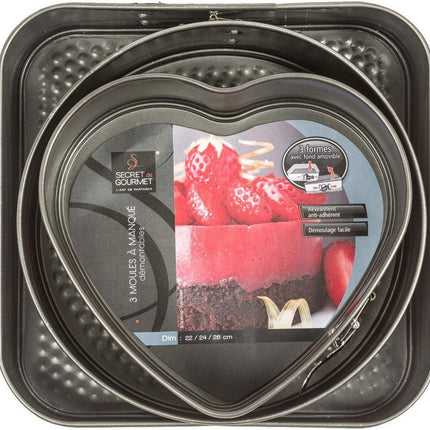 Backform - Tortenform - Springform-Set 3-teilig - Herz 22x20CM - Rund 24CM - Quadratisch 26X26CM
