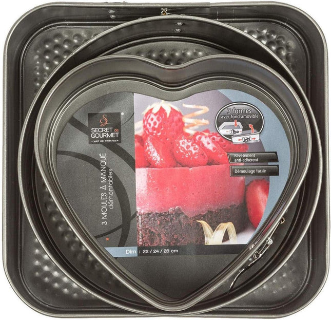 Backform - Tortenform - Springform-Set 3-teilig - Herz 22x20CM - Rund 24CM - Quadratisch 26X26CM