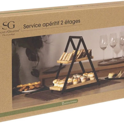 Etagere/Serviertablett – 2-stöckig – Bambus – Schwarz/Beige