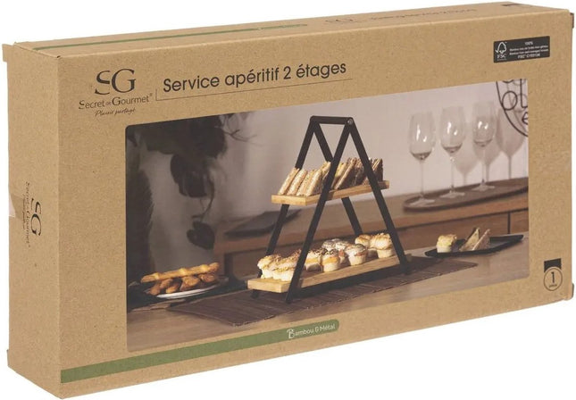 Etagere/Serviertablett – 2-stöckig – Bambus – Schwarz/Beige
