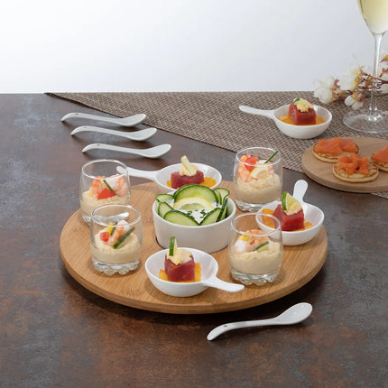 Servierplatte/Amuse-Gueule/Aperitif-Häppchen - Bambus/Porzellan - weiß - für 4 Personen - 14-teilig
