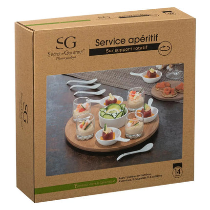 Servierplatte/Amuse-Gueule/Aperitif-Häppchen - Bambus/Porzellan - weiß - für 4 Personen - 14-teilig