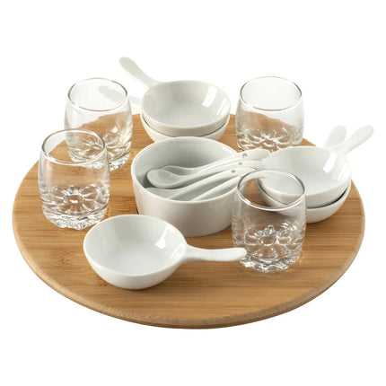 Servierplatte/Amuse-Gueule/Aperitif-Häppchen - Bambus/Porzellan - weiß - für 4 Personen - 14-teilig