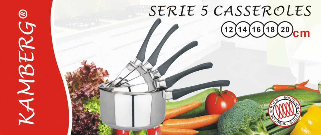Lot de 5 casseroles/casseroles à sauce empilables en acier inoxydable - bakélite – 12 / 14 / 16 / 18 / 20 cm