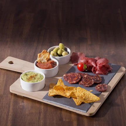 Servierplatte/Snackplatte/Snack-/Soßen-/Tapas-Platte – Bambus – Braun – inkl. 3x Schälchen