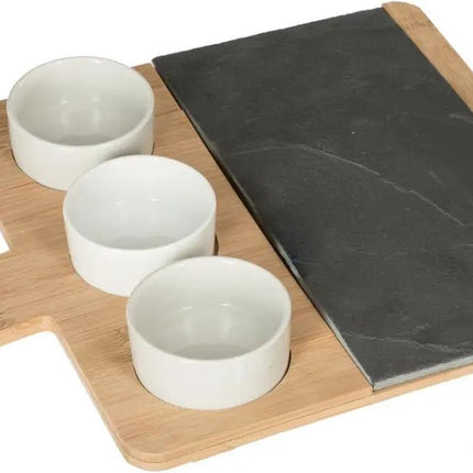 Servierplatte/Snackplatte/Snack-/Soßen-/Tapas-Platte – Bambus – Braun – inkl. 3x Schälchen