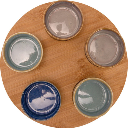 Serveerplank bamboe dia 25 cm met 5x luxe hapjes/saus/tapas schaaltjes