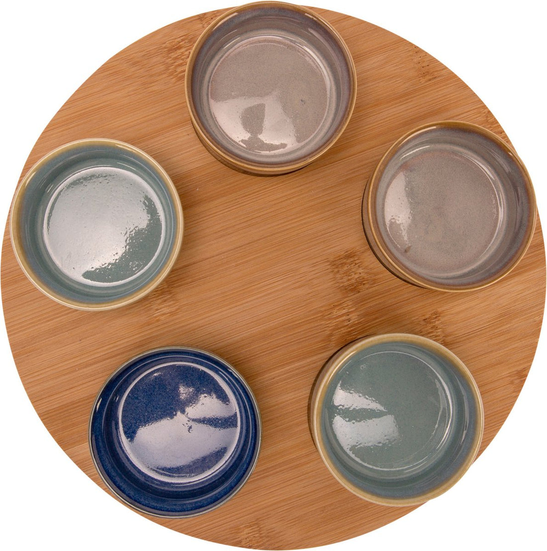 Planche de service en bambou Ø 25 cm avec 5 coupelles de luxe pour amuse-gueules/sauces/tapas