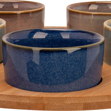 Serveerplank bamboe dia 25 cm met 5x luxe hapjes/saus/tapas schaaltjes