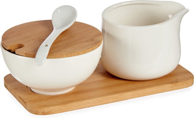 Zucker- und Milch-Servierset aus Keramik mit Bambus 19 cm