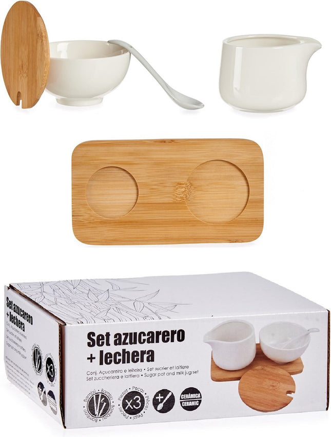 Zucker- und Milch-Servierset aus Keramik mit Bambus 19 cm