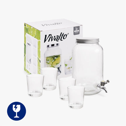 5er-Set – 3L Karaffe mit Anti-Tropf-Zapfhahn + 4 Gläser (390ml) – Ideal für Erfrischungsgetränke, Limonade & Säfte – Stilvolles Serviergeschirr für Partys, BBQs und Picknicks