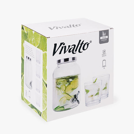 5er-Set – 3L Karaffe mit Anti-Tropf-Zapfhahn + 4 Gläser (390ml) – Ideal für Erfrischungsgetränke, Limonade & Säfte – Stilvolles Serviergeschirr für Partys, BBQs und Picknicks