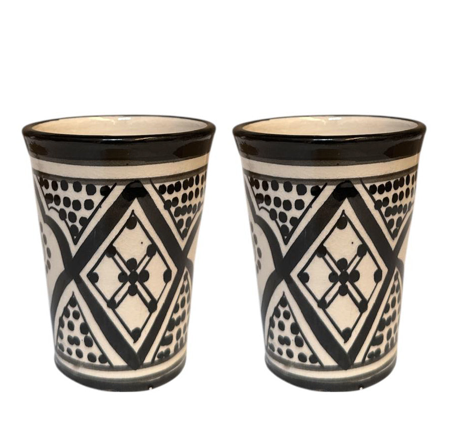 Set of 2 Moroccan Asfi Cups – Black & White Earthenware – Handmade – Ø7.5 cm x 10 cm