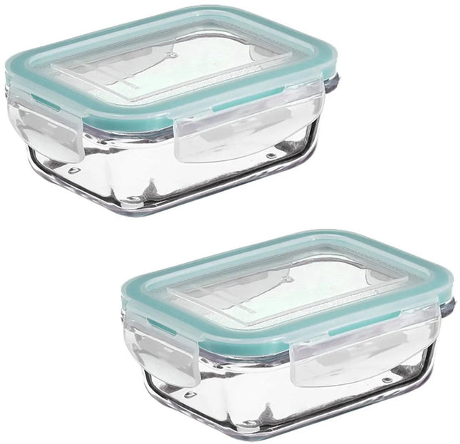 Set van 2 Kristalglas Lunchboxen – 800 ml Vershoudbakjes met Lichtblauw Randje – Glazen Lunchbox voor Salade, Maaltijden of Meal Prep – 18,5 x 12,5 x 6 cm