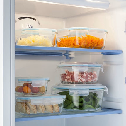 Set van 2 Kristalglas Lunchboxen – 800 ml Vershoudbakjes met Lichtblauw Randje – Glazen Lunchbox voor Salade, Maaltijden of Meal Prep – 18,5 x 12,5 x 6 cm