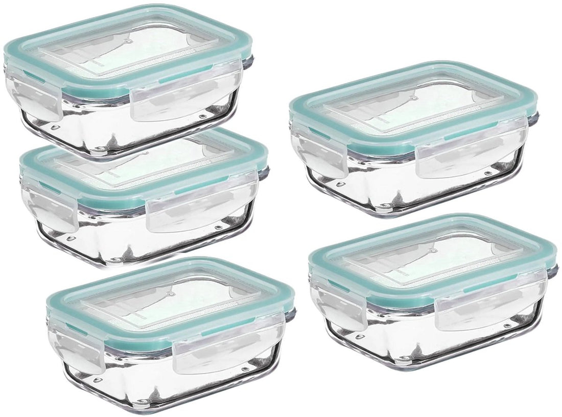 Glazen lunchbox 800 ml – 5 vershoudbakjes van kristalglas, lichtblauwe rand