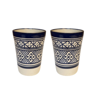 2er Set Marokkanische Becher Fès – Handgemachte Keramik – Blau/Weiß – Ø7.5 cm x 10 cm