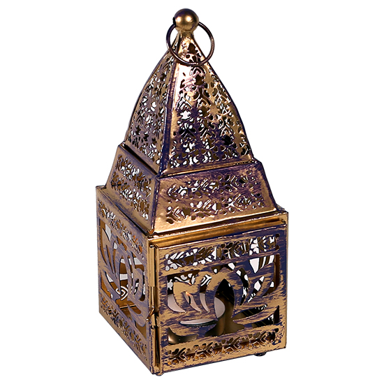 Oosterse lantaarn Lotus van ijzer – goud en paars, staand of hangend, 19 cm – foto 2