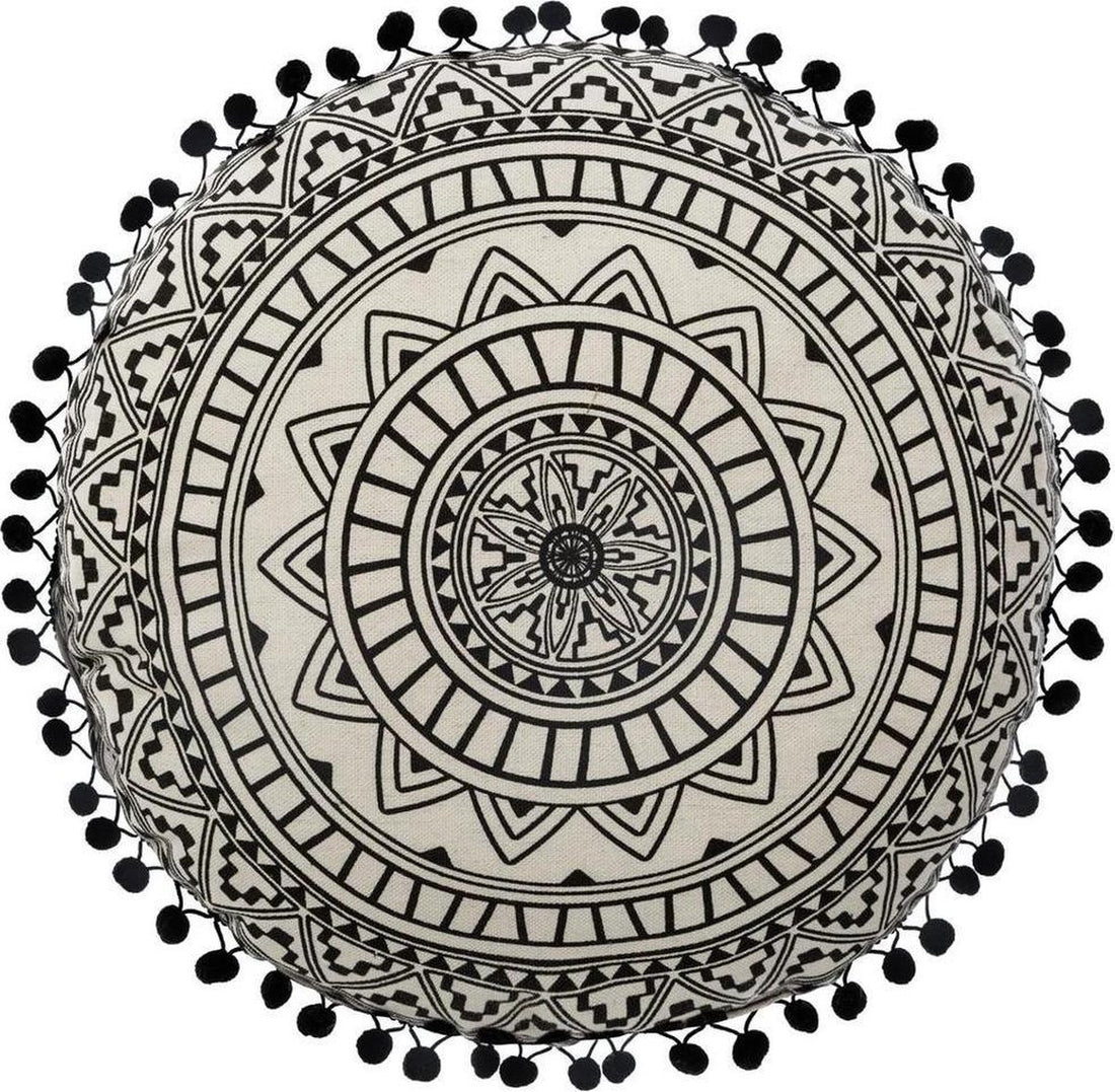 Round Decorative Cushion - Mandala - Black and White - Diameter 40 cm