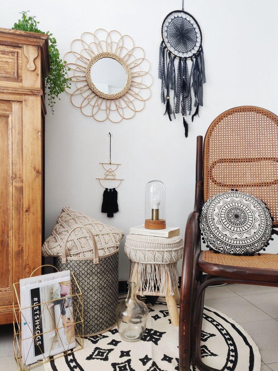 Round Decorative Cushion - Mandala - Black and White - Diameter 40 cm