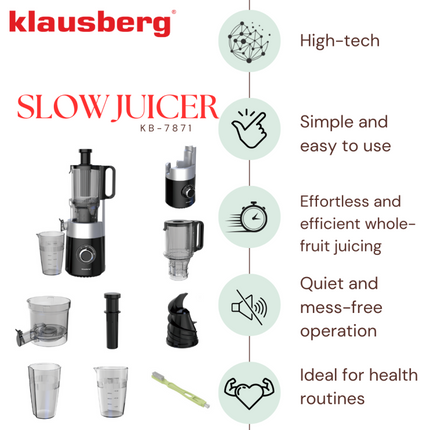 Klausberg KB-7871 Slowjuicer – Cold Press - Stille verticale juicer sapcentrifuge met brede vulopening – Fruitpers - Zwart/Zilver