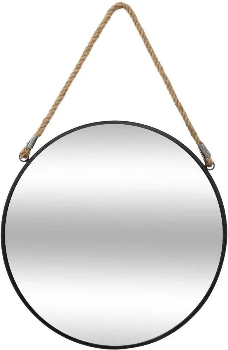 Miroir mural rond avec corde - 38 cm - noir/naturel