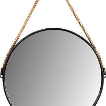 Runder Wandspiegel mit Seil – 38 cm – Schwarz/Natur