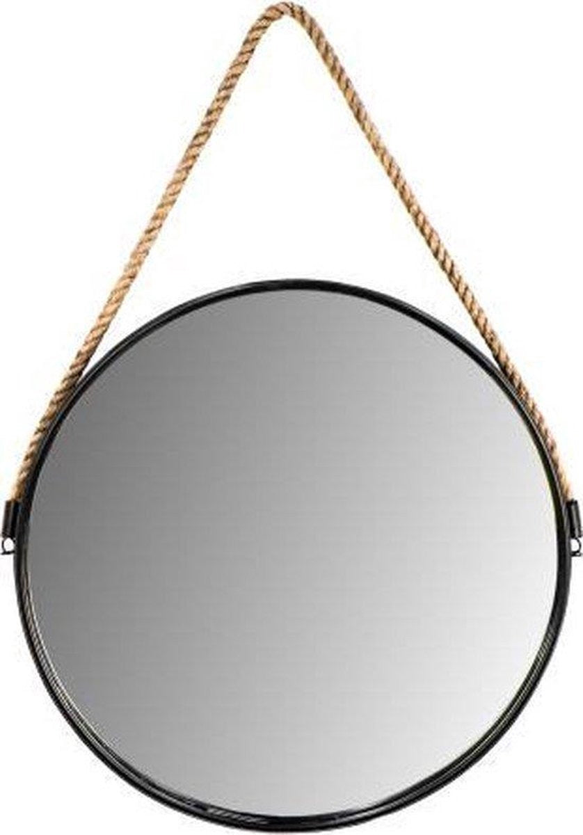 Miroir mural rond avec corde - 38 cm - noir/naturel