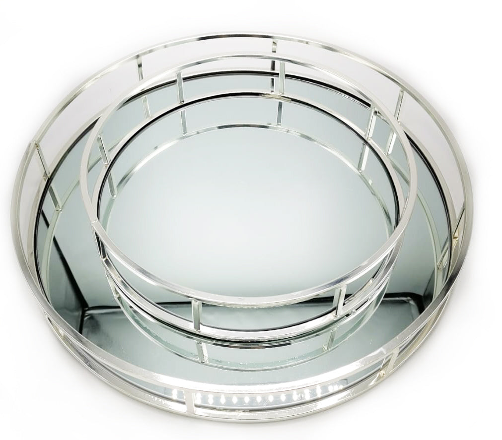 Round silver mirror tray