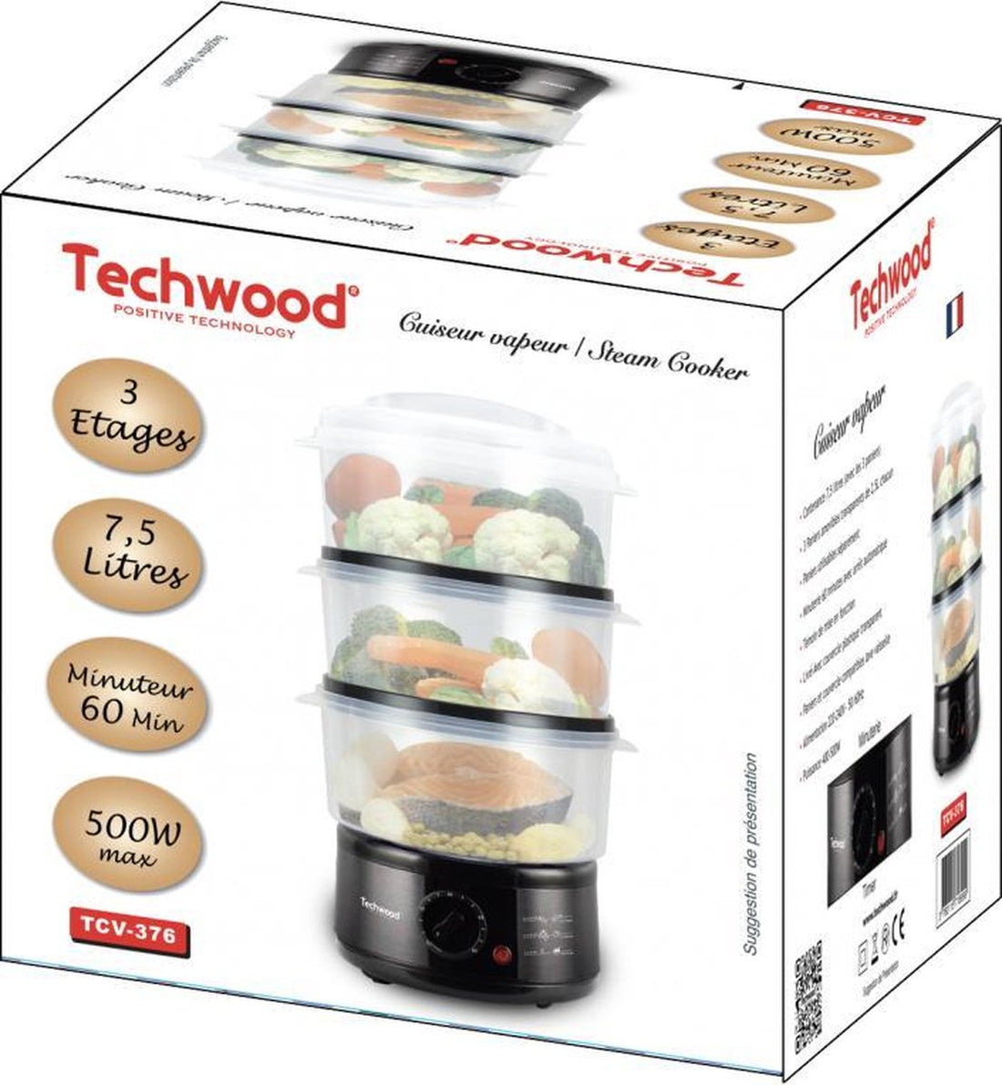 Techwood TCV376 - Cuiseur Vapeur - 3 Bacs Empilables - 7.5 litres