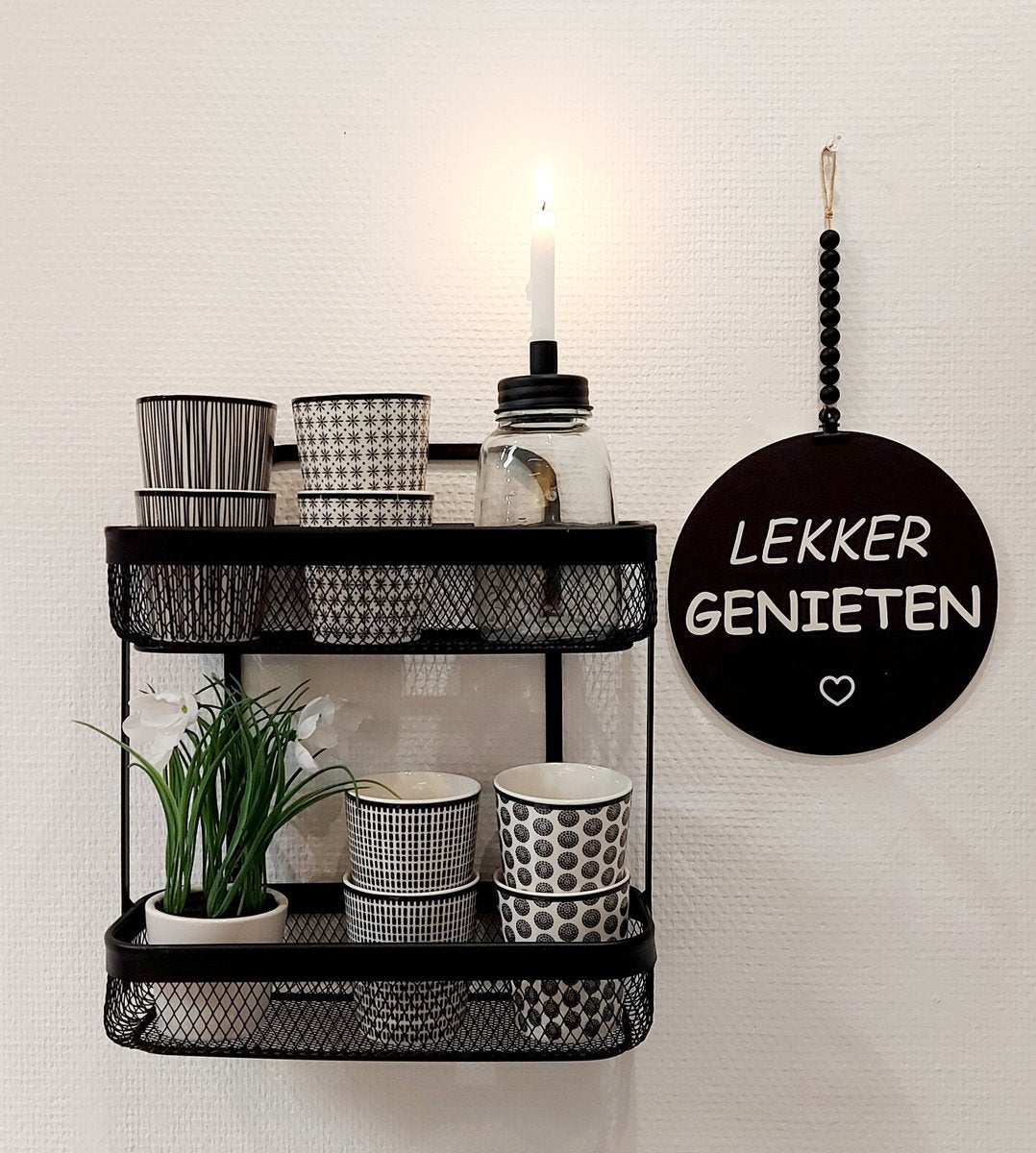 Black kitchen styling rack for mugs and spices