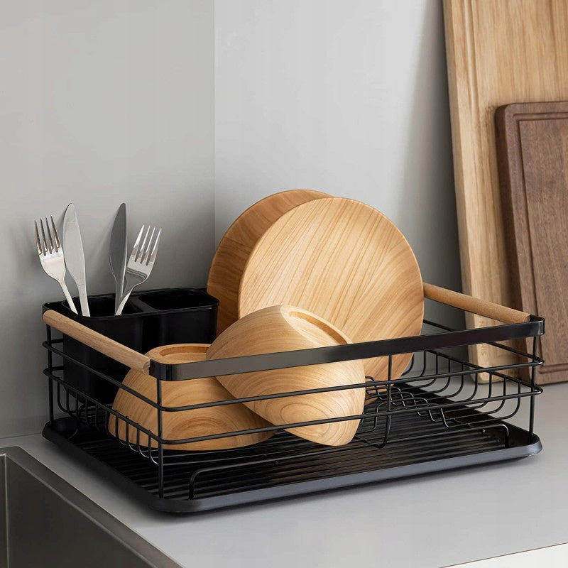 Dish rack with removable drip tray with wooden handles