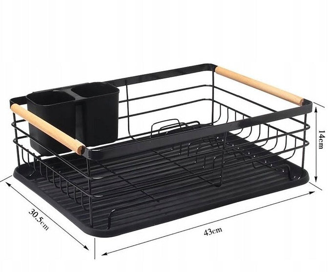 Dish rack with removable drip tray with wooden handles