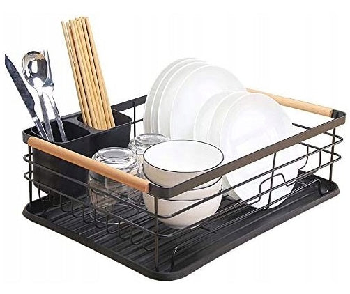 Dish rack with removable drip tray with wooden handles