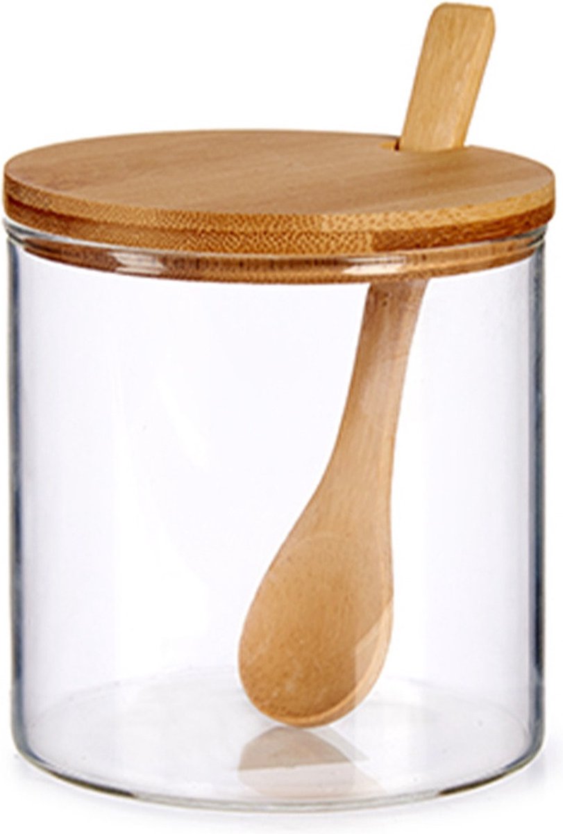 Sucrier en verre avec cuillère en bois de bambou et couvercle 520 ML