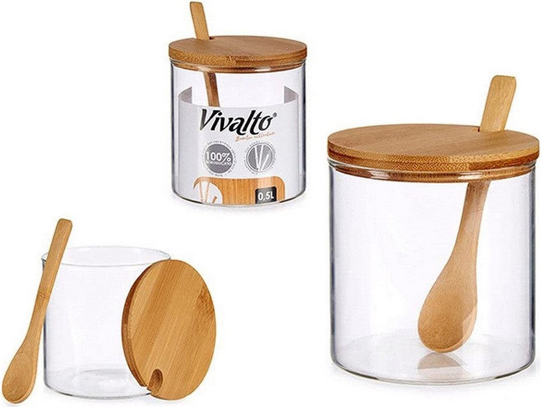 Sucrier en verre avec cuillère en bois de bambou et couvercle 520 ML