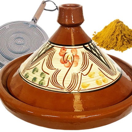 Marokkaanse aardewerk authentieke tajine 35 cm + Kruiden en vlamverdeler