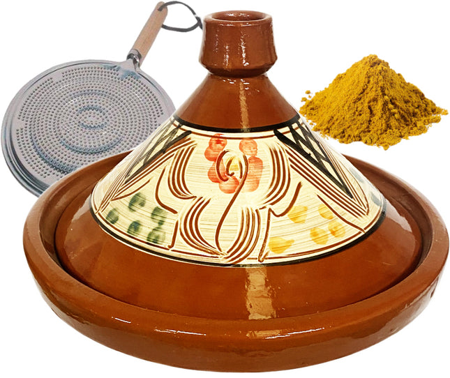 Marokkanische Keramik-Authentik-Tajine 35 cm + Gewürze und Flammenverteiler