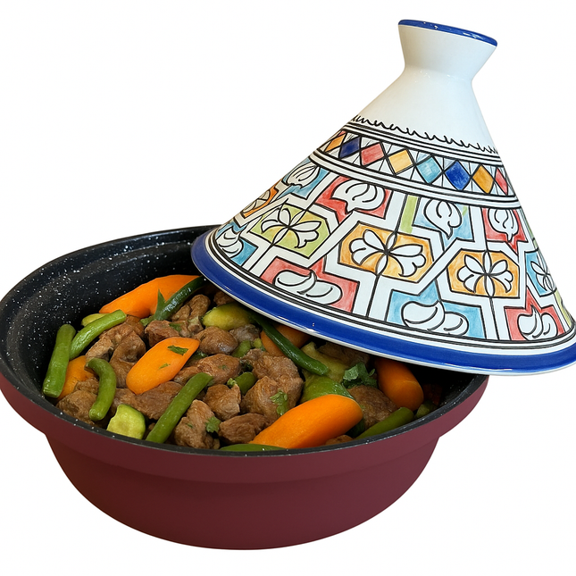 Tajine 30 cm – Marokkaans Handgeschilderd – Keramiek & Aluminium – Andalusisch Mozaïekdesign