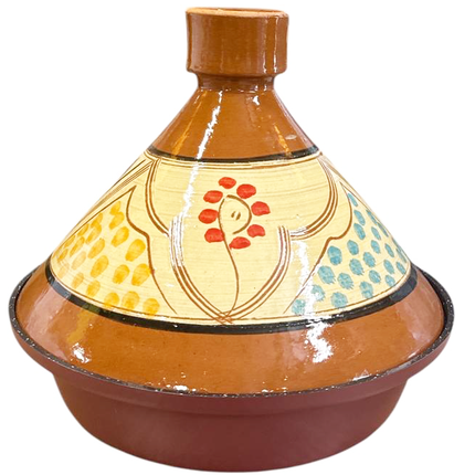 Tajine 30 cm – Marokkaans Handgeschilderd – Aardewerk & Aluminium – Donkerrood – Multikleur Motief
