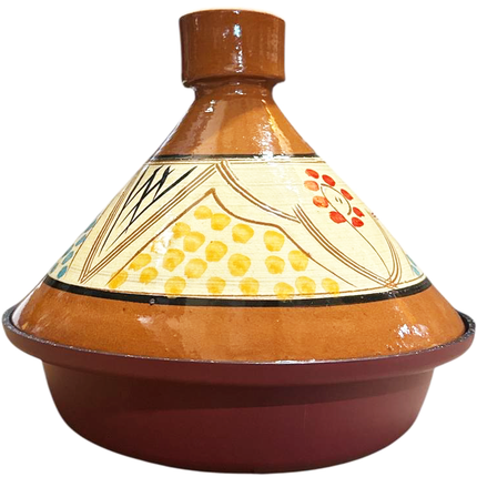 Tajine 30 cm – Marokkaans Handgeschilderd – Aardewerk & Aluminium – Donkerrood – Multikleur Motief