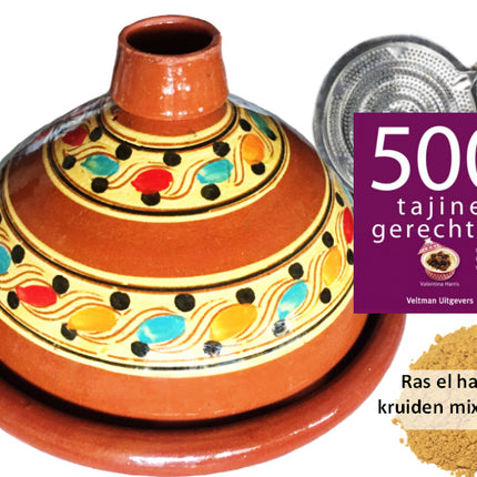 6 Pers. TAJINE VOORDEELPAKKET, 190 gr kruiden, kookboek, vlammenverdeler