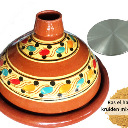 Voordeelpakket aardewerk tajine set 35 cm, inductie adapter + 190 gr kruiden