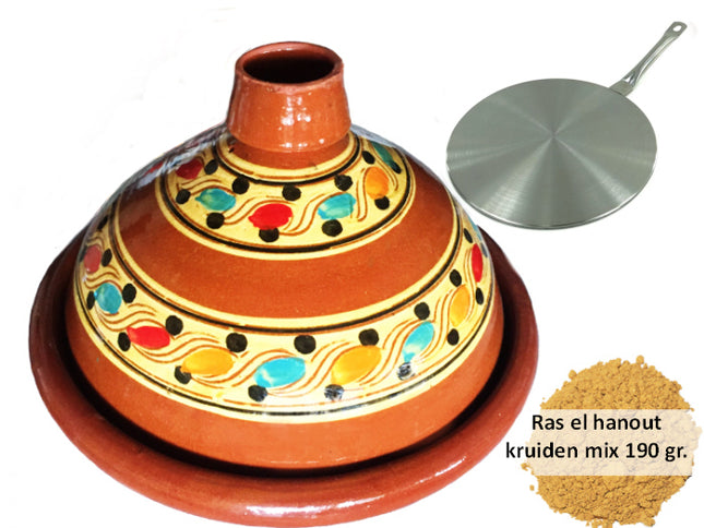 Voordeelpakket aardewerk tajine set 35 cm, inductie adapter + 190 gr kruiden